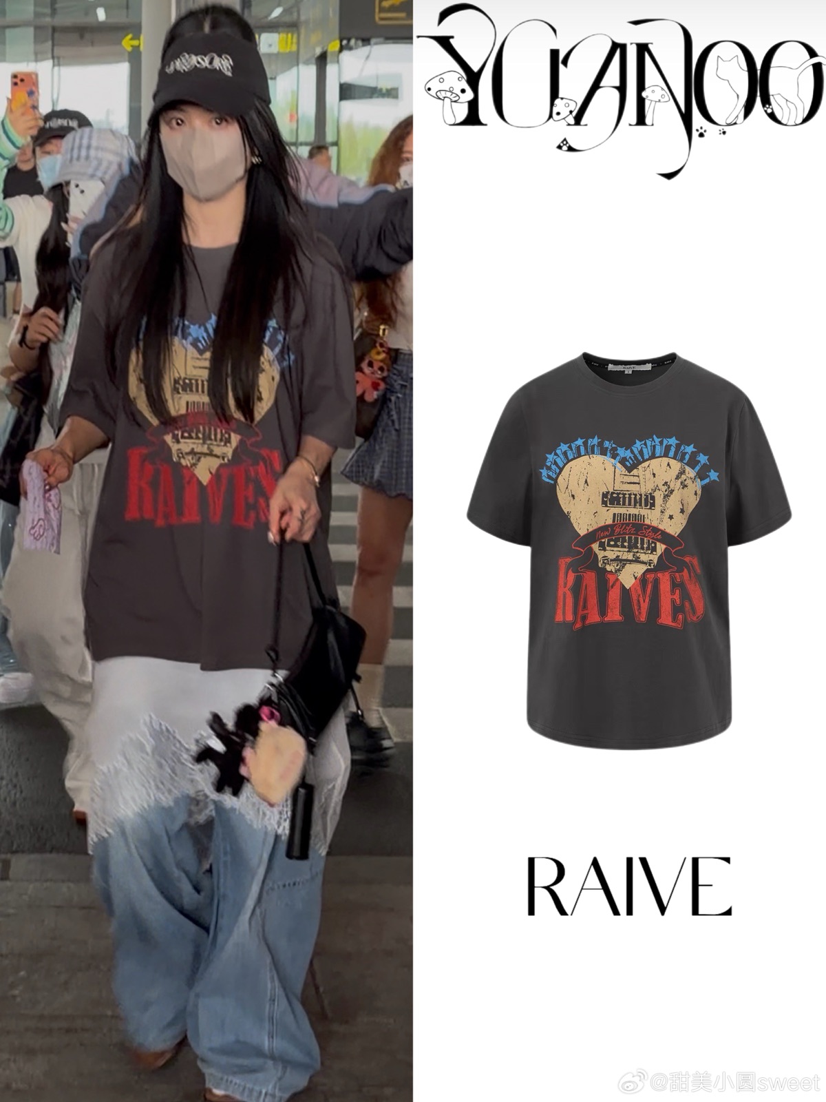 甜美小圆制作的沈阳到达造型考据图，展示 RAIVE 爱心印花上衣